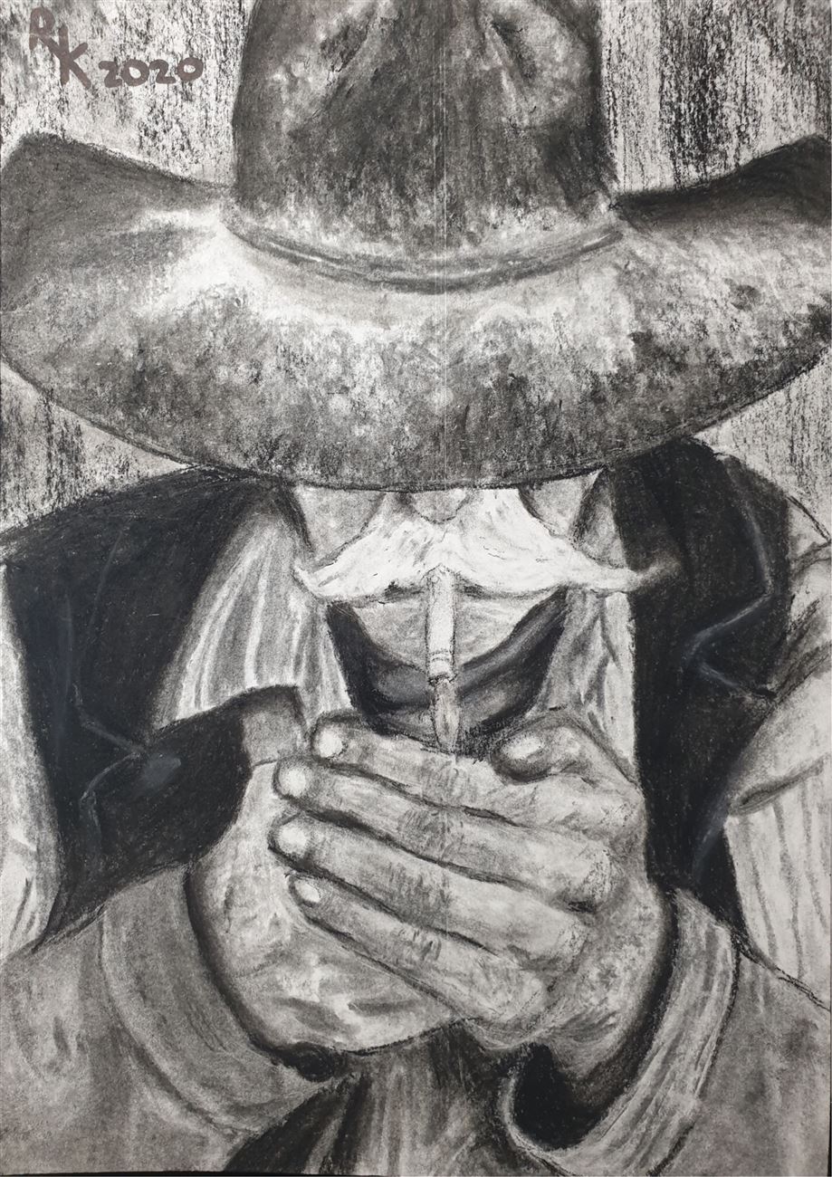 Charcoal drawing of an old man lighting a cigarette